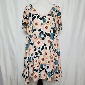 Show Me Your MuMu Peach Floral Mini Dress with Teal Leaves